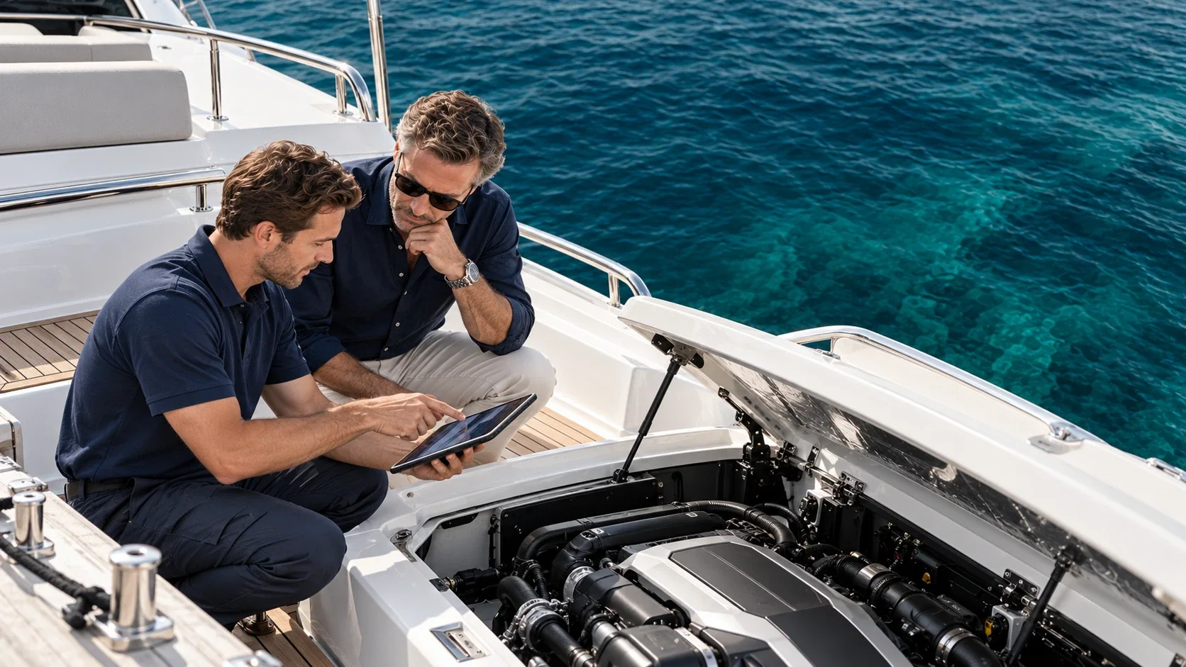 Marine technician and boat owner reviewing a diagnostic report