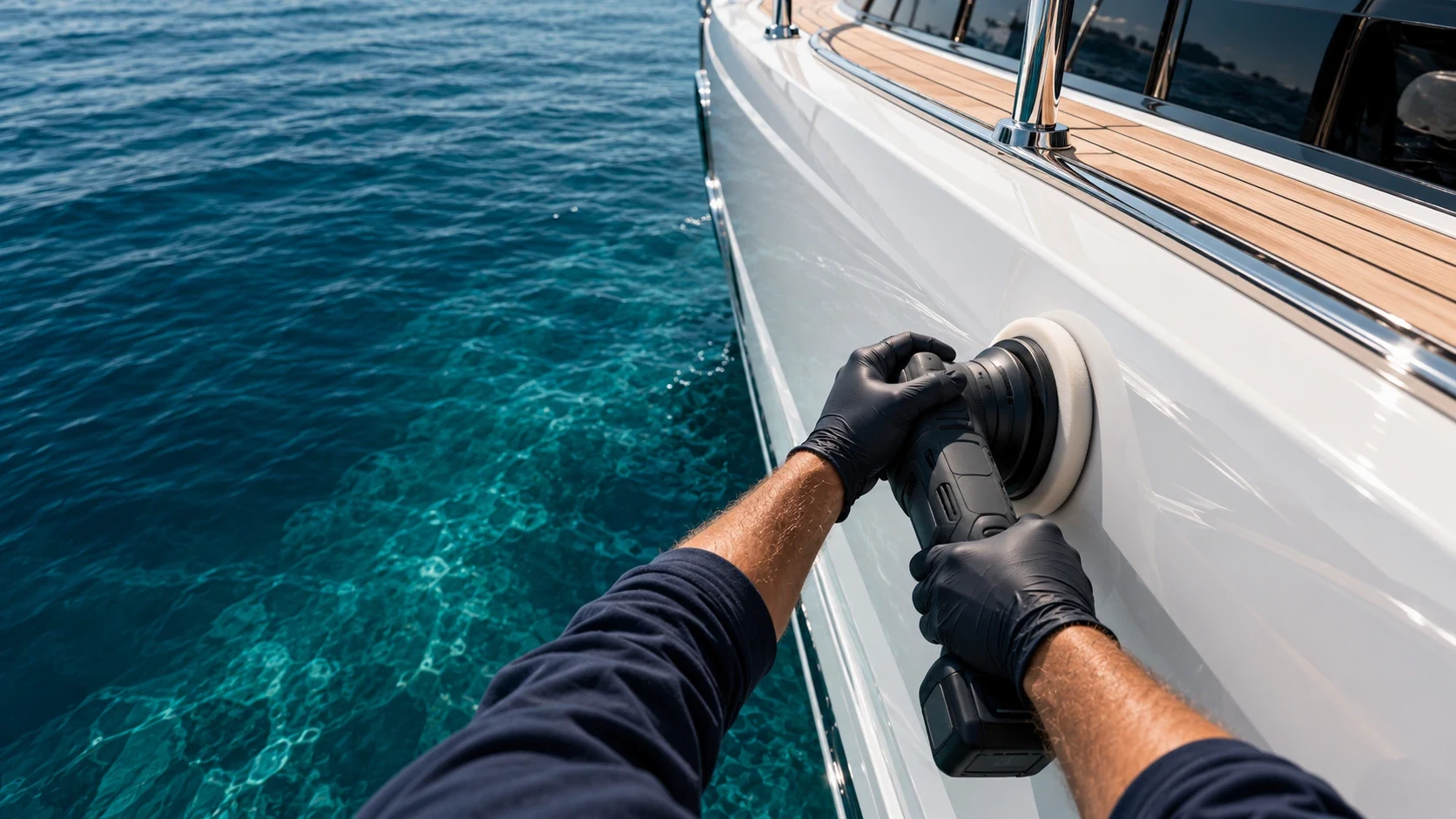 Gloved technician machine-polishing the side of a white yacht