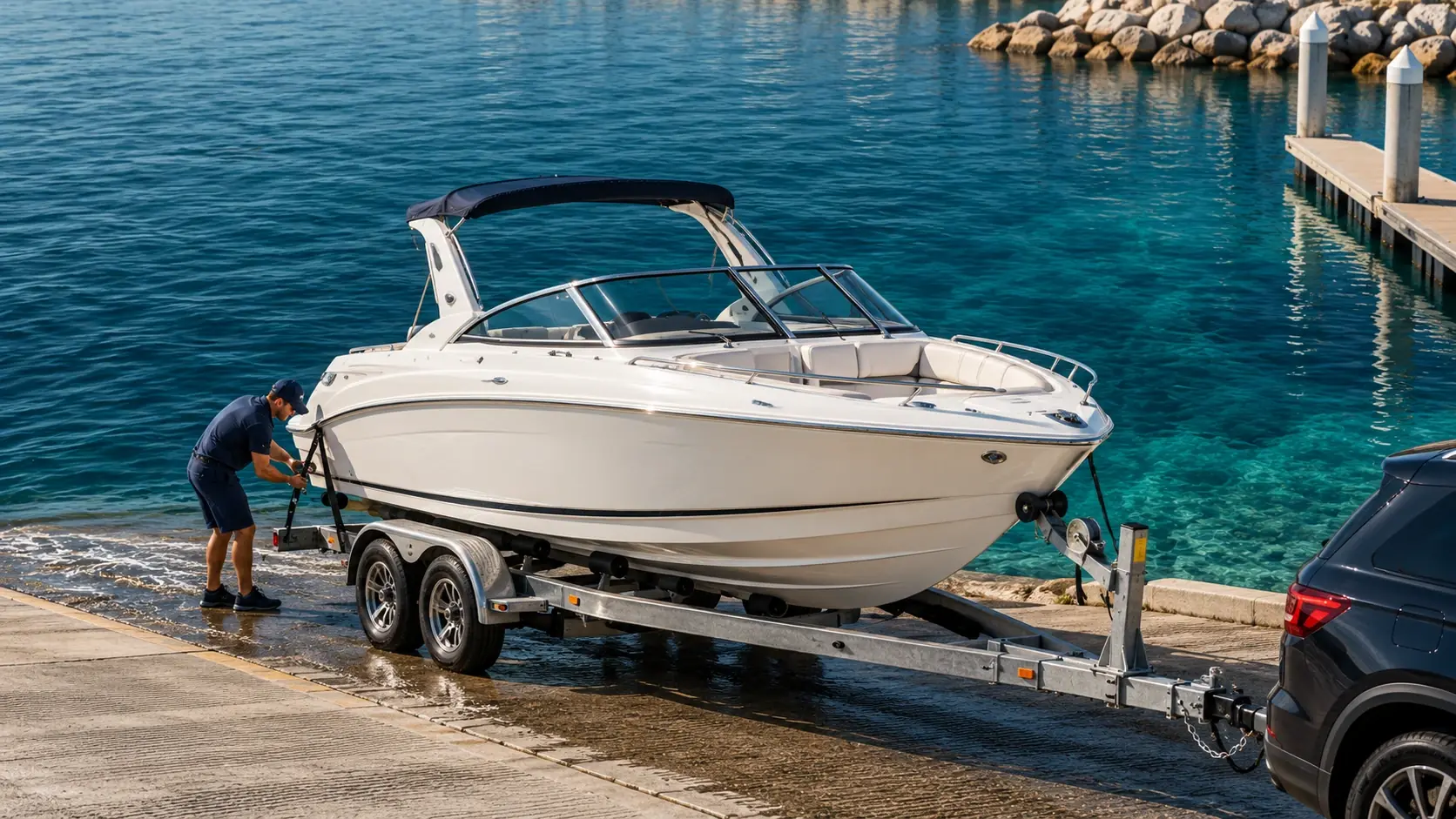 Motorboat on a trailer at a launch ramp beside a tow vehicle