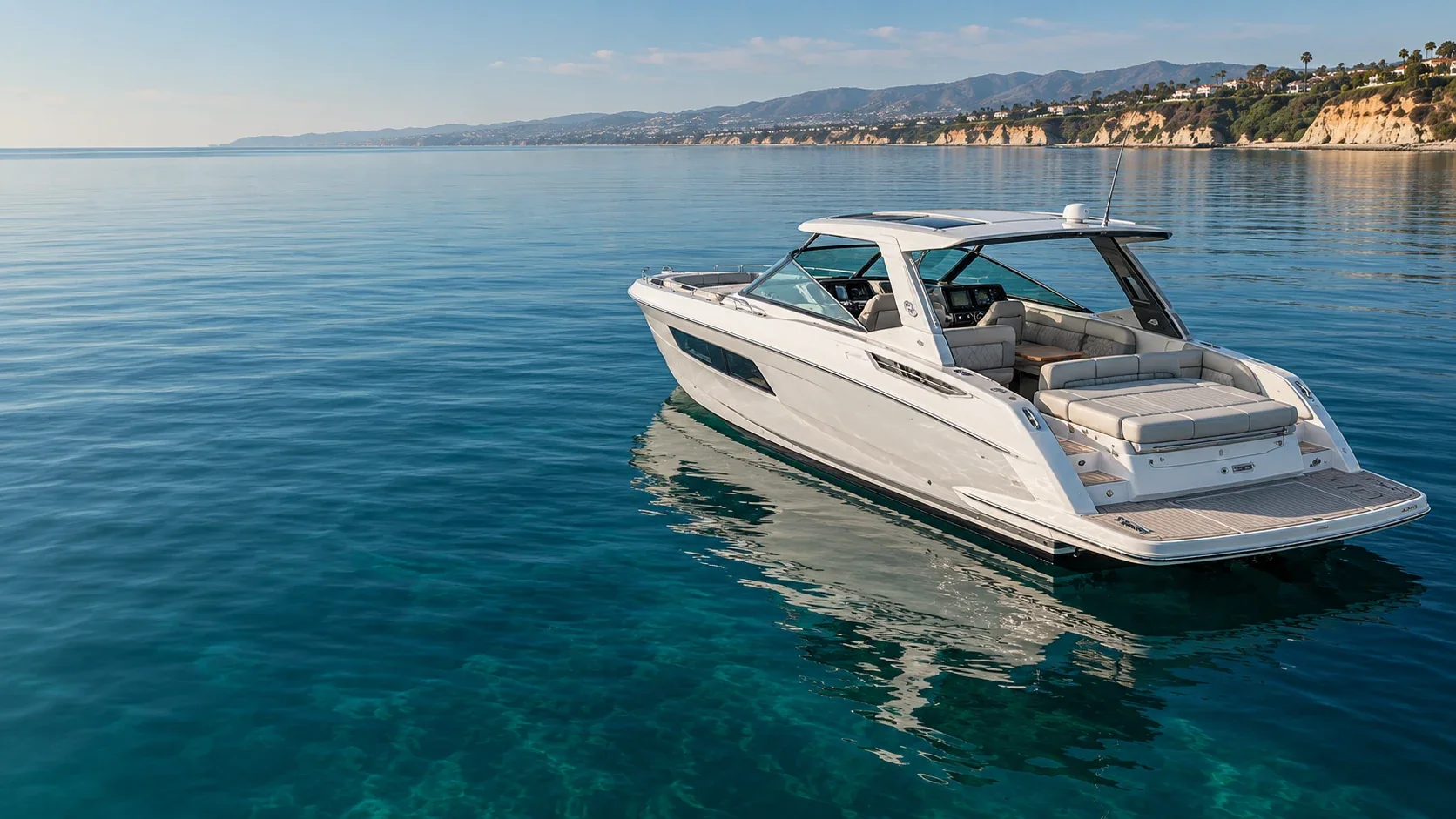 Illustrative white day cruiser on still deep teal water