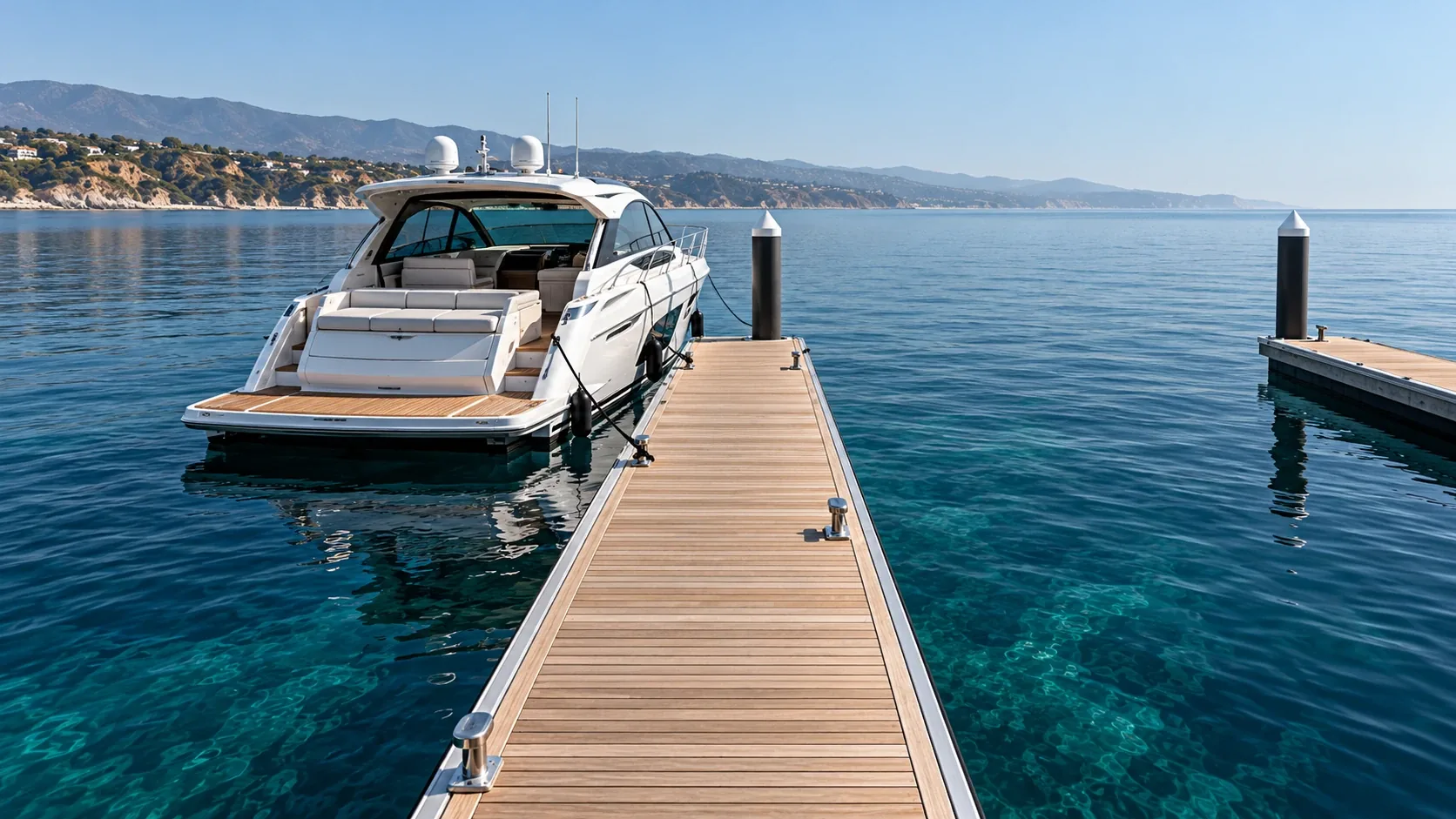 Marina dock and boat on calm teal water