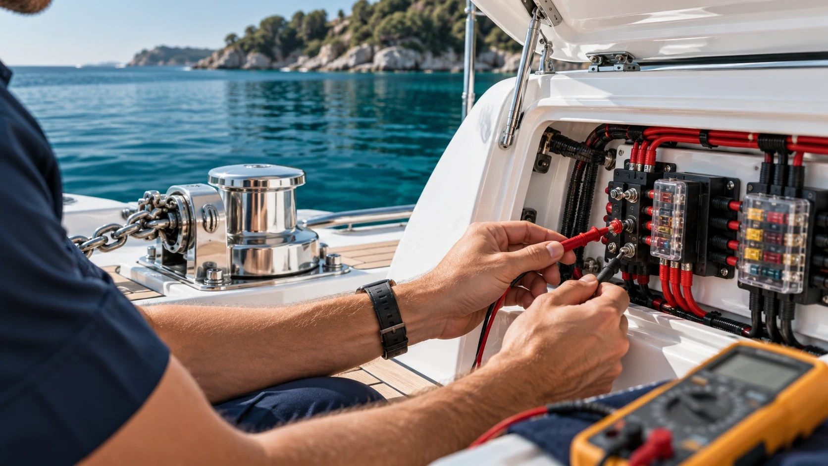 Technician testing boat wiring at a marine electrical panel