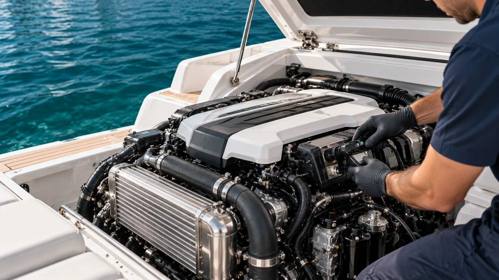 Technician servicing an inboard boat engine beside an open engine hatch