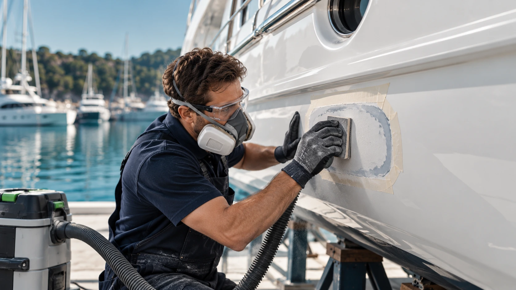 Technician sanding a fiberglass repair on the side of a white yacht