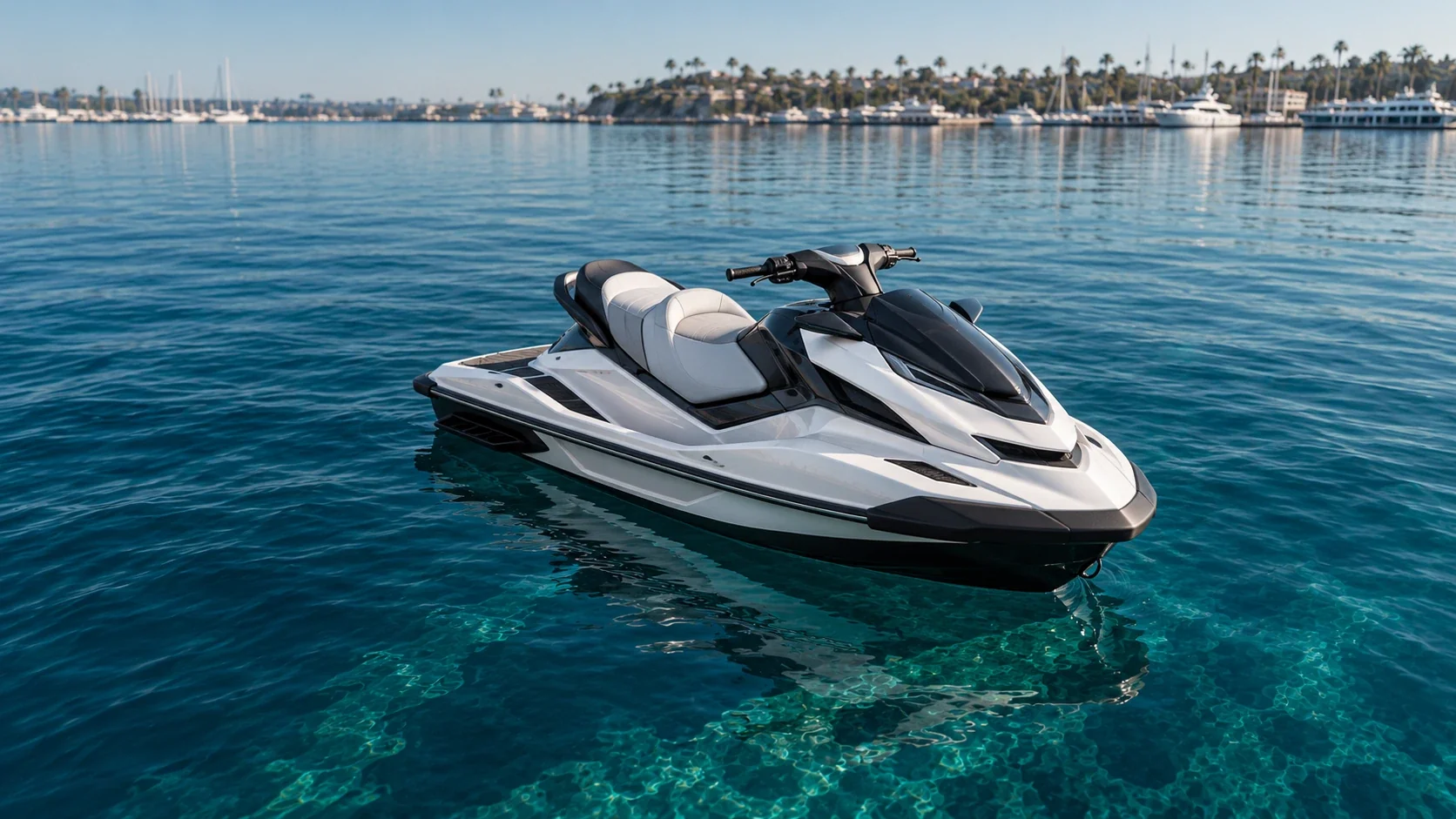 Stationary personal watercraft on still teal water