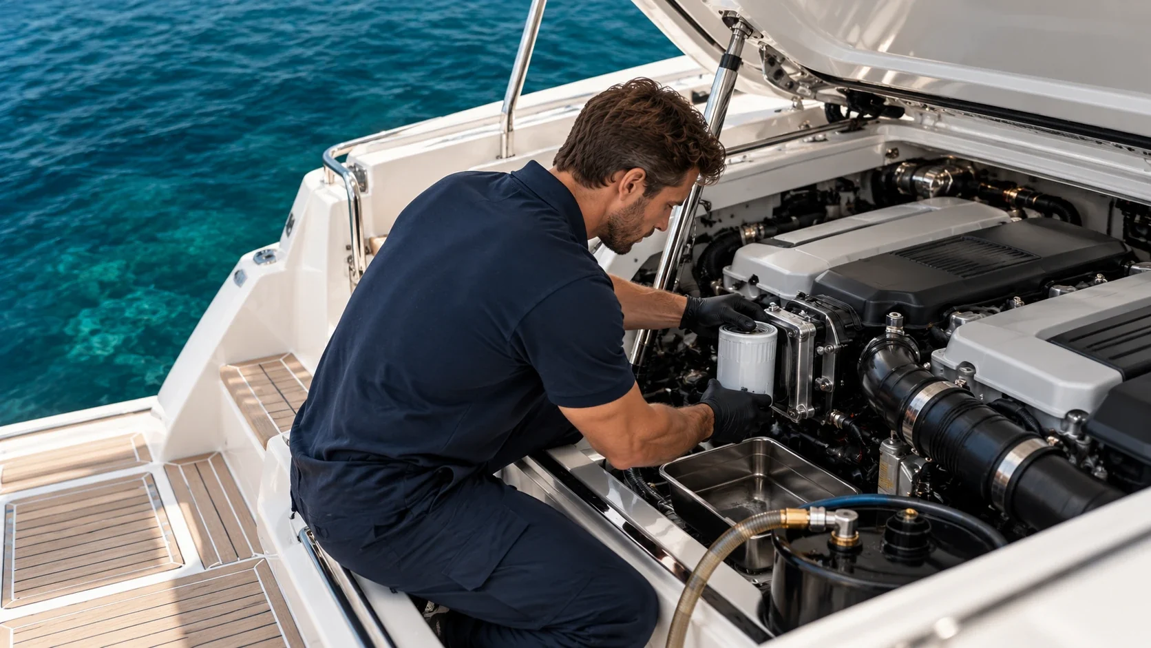 Technician checking an inboard engine during routine boat maintenance