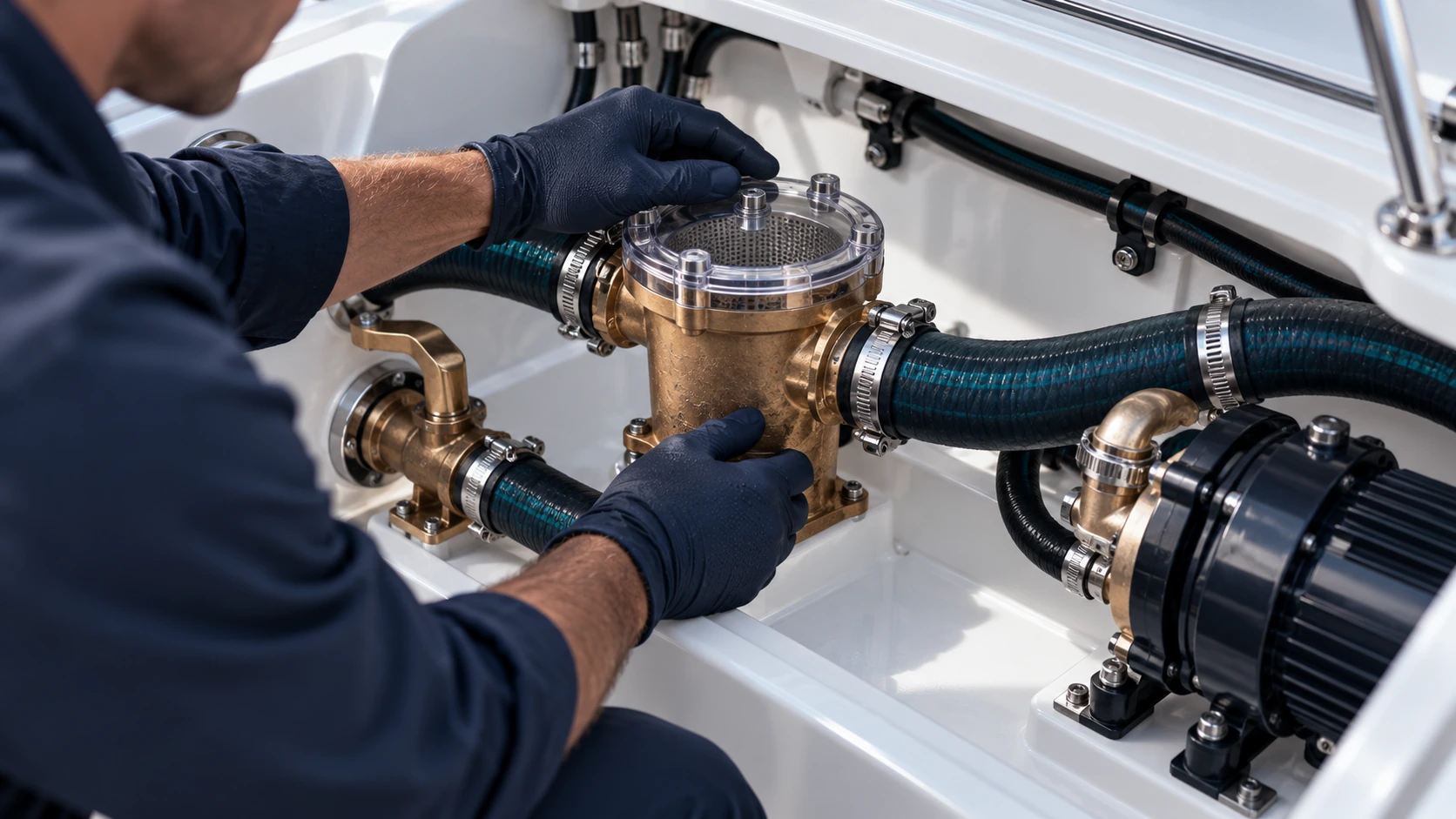 Technician inspecting a boat’s raw water strainer and cooling hoses