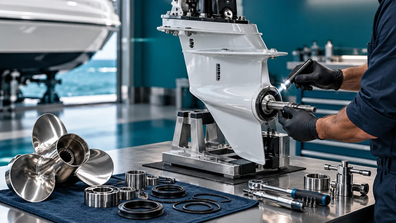Technician inspecting a stern drive and propeller on a workbench
