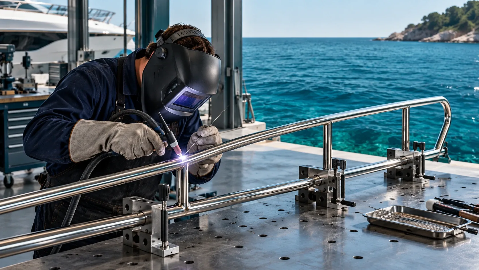 Welder repairing a removable stainless steel boat rail at a workbench